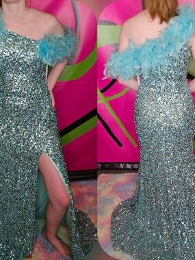 One-Shoulder Sequin Evening Gown with Feather Trim - Aqua